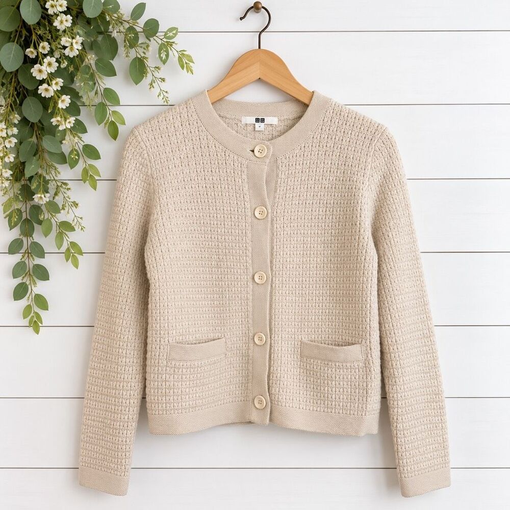 Uniqlo beige waffled cardigan sweater size small